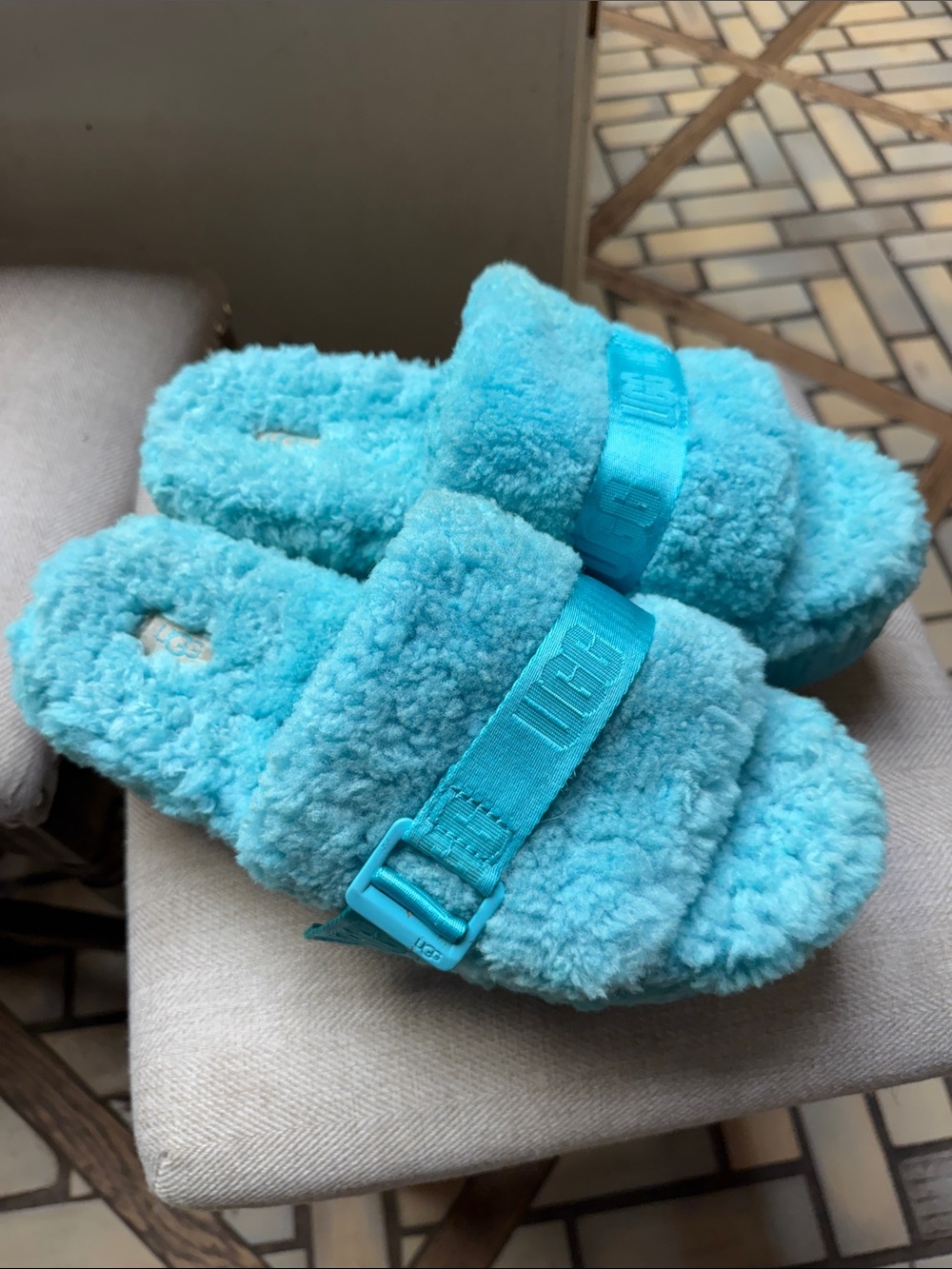 UGG Plush Double Band Slide Sandals - Turquoise